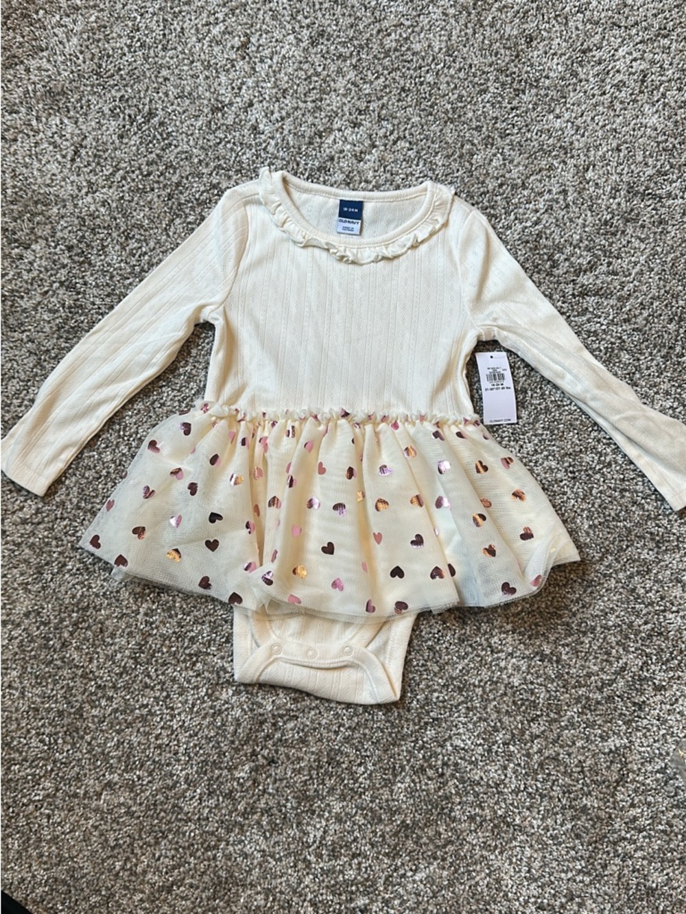 Old Navy Cream Long-Sleeve Bodysuit Dress with Pink and Gold Hearts